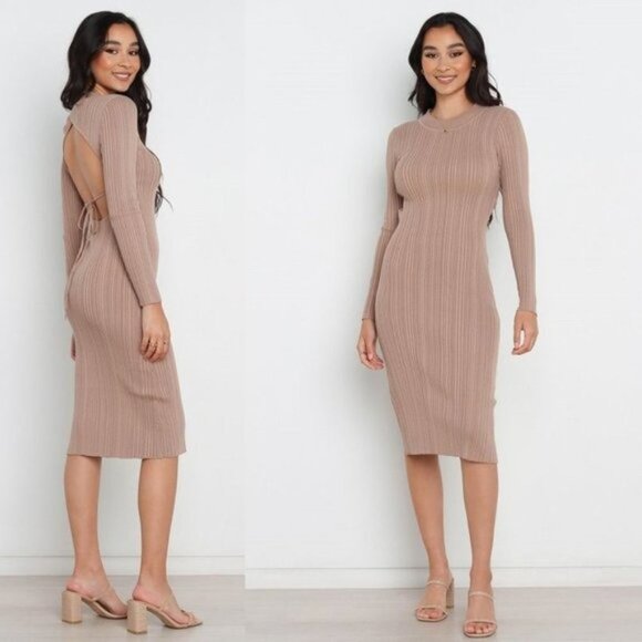 Petal & Pup Dresses & Skirts - Petal & Pup NEW Milleri Long Sleeve Open Back Ribbed Dress in Camel Tan Size 2